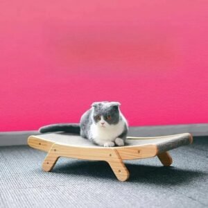 rascador de madera 3 en 1 para gatos – cama y entretenimiento.